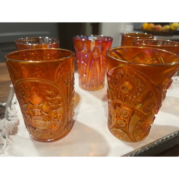 Six Vintage Mid-Century Marigold Iridescent Carnival Glass Glasses - Picture 2 of 5